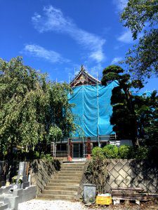 お寺全体に足場を組んで囲った様子